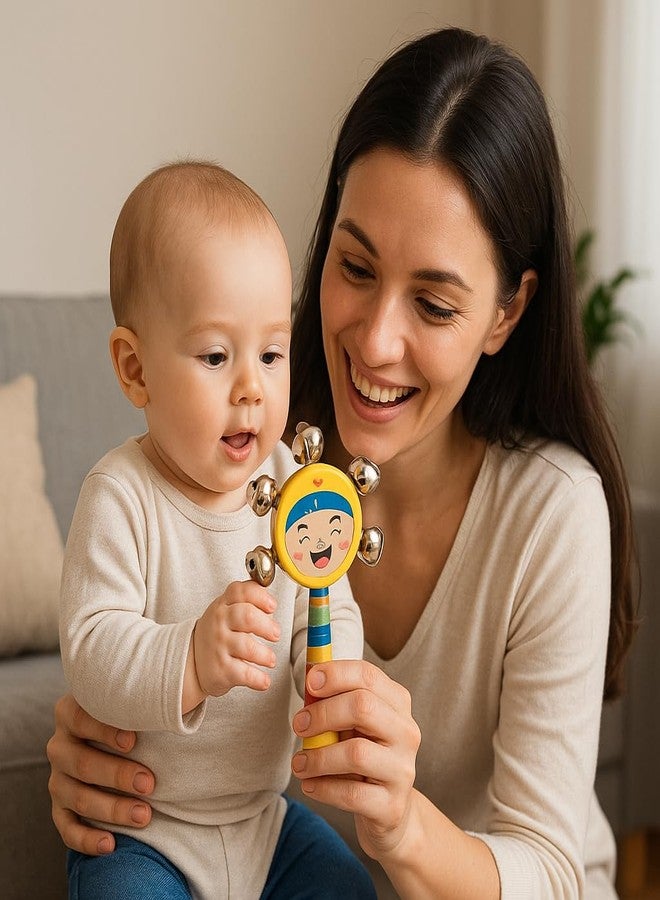 WoCra® Wooden Baby Rattle Toys - Pack of 3 | Handmade Musical Rattles for Newborns, Infants & Toddlers | Non-Toxic Safe Wood | Cartoon Animal, Smile Face & Rainbow Handshake Bell (Random Colors) - Image 2
